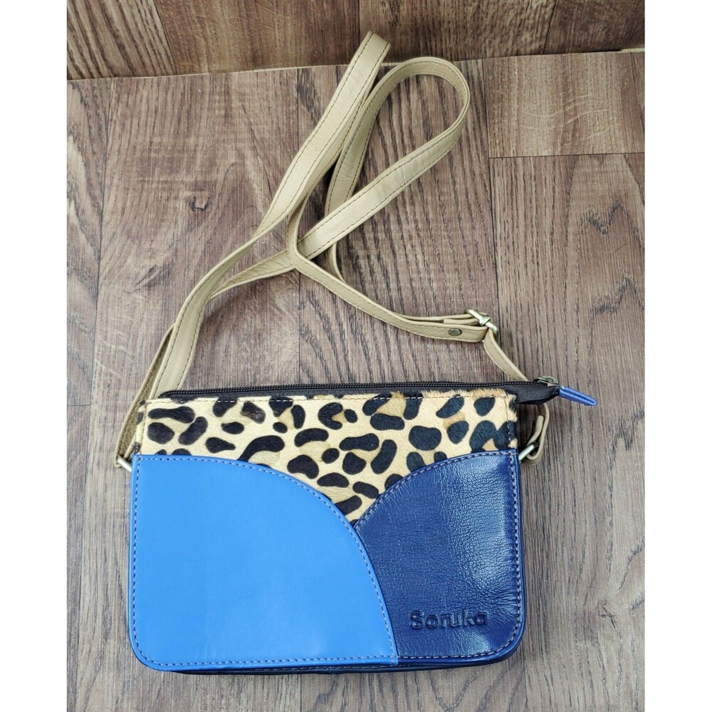 Soruka Meredith Leather Crossbody Adjustable Strap Royal Blue Animal Print